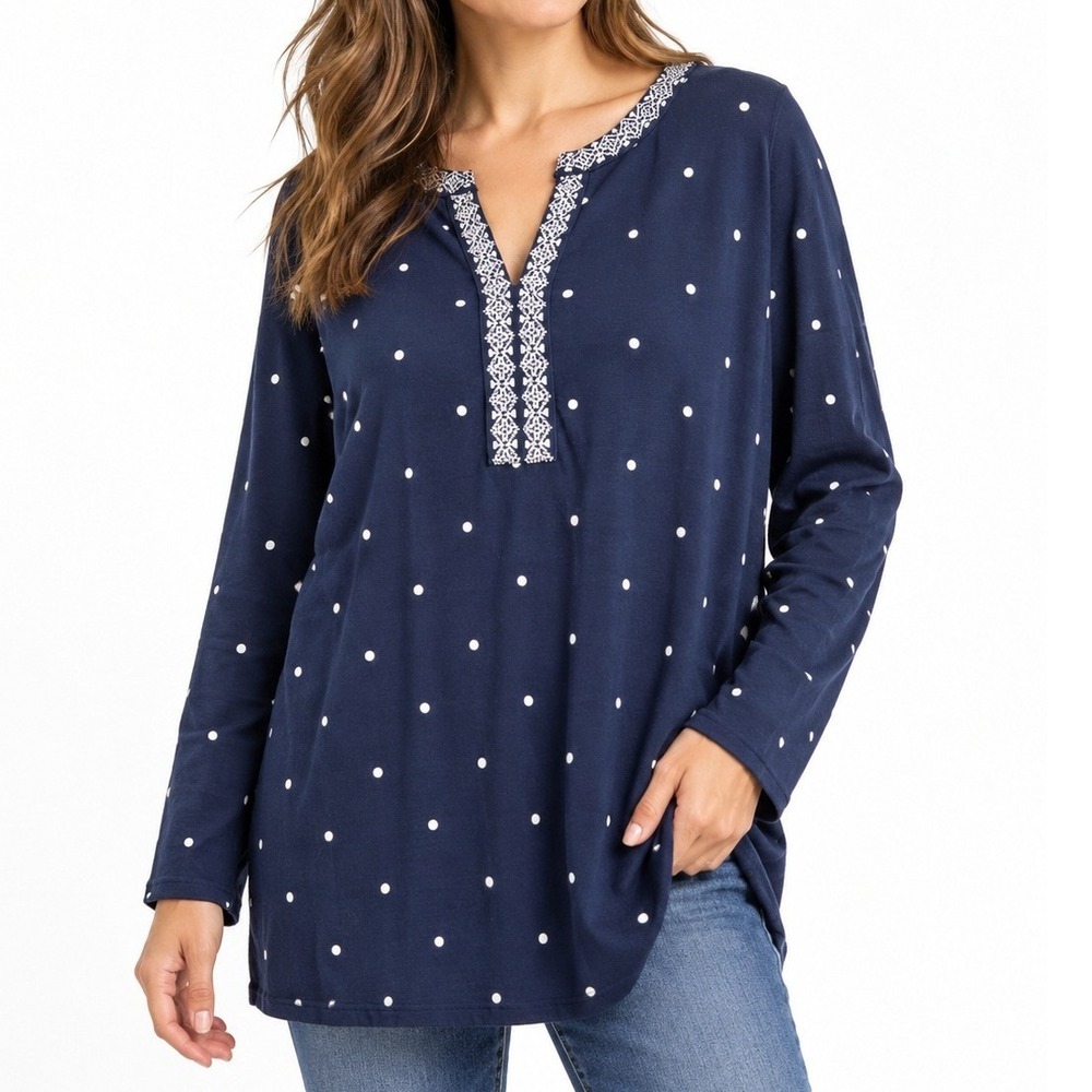J.Jill Women Navy Tunic Top XL Polka Dot Embroidered Boho Long Sleeve